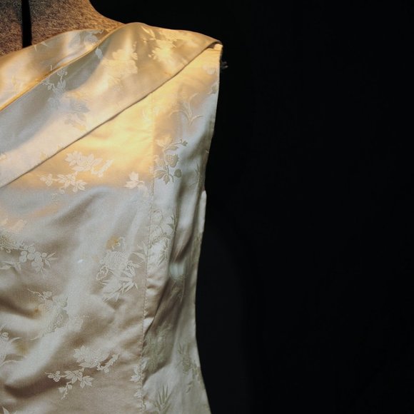 VTG Ivory Satin FloralPrint Cheongsam Sheath Dress - Picture 4 of 13